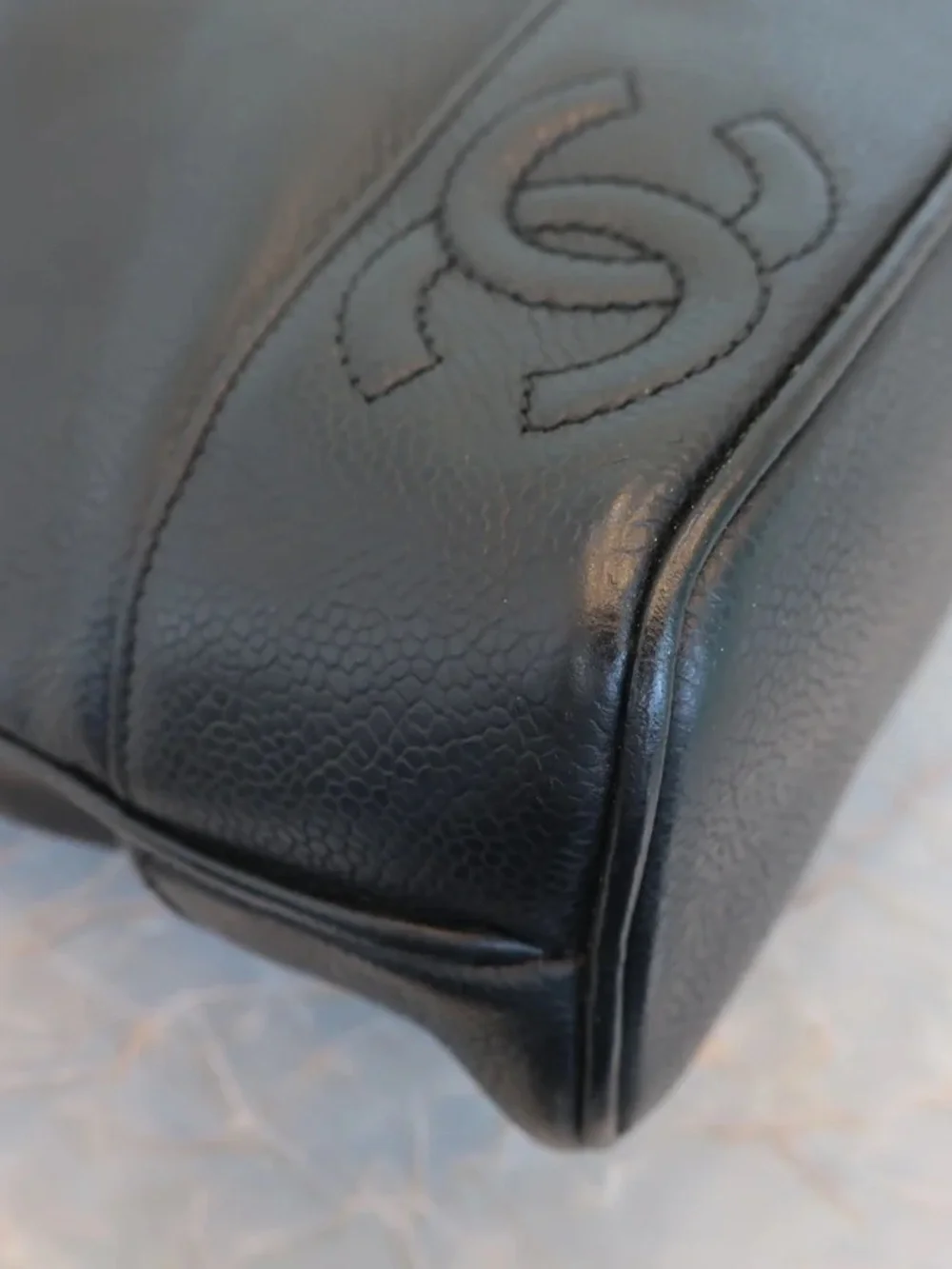 Authentic CHANEL triple CC black caviar leather shopping tote